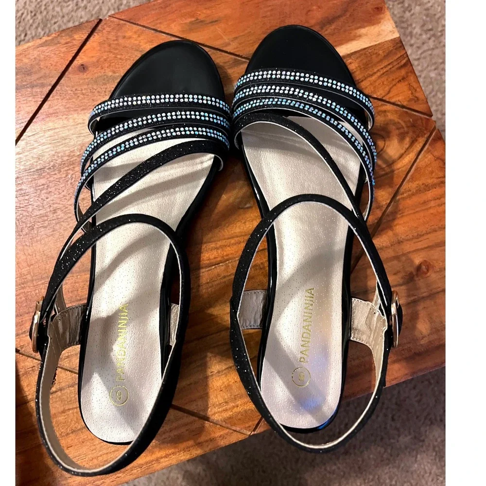 Pandaninija Girls Black Glitter Rhinestone Low Heel Sandals Size‎ 6 NWB